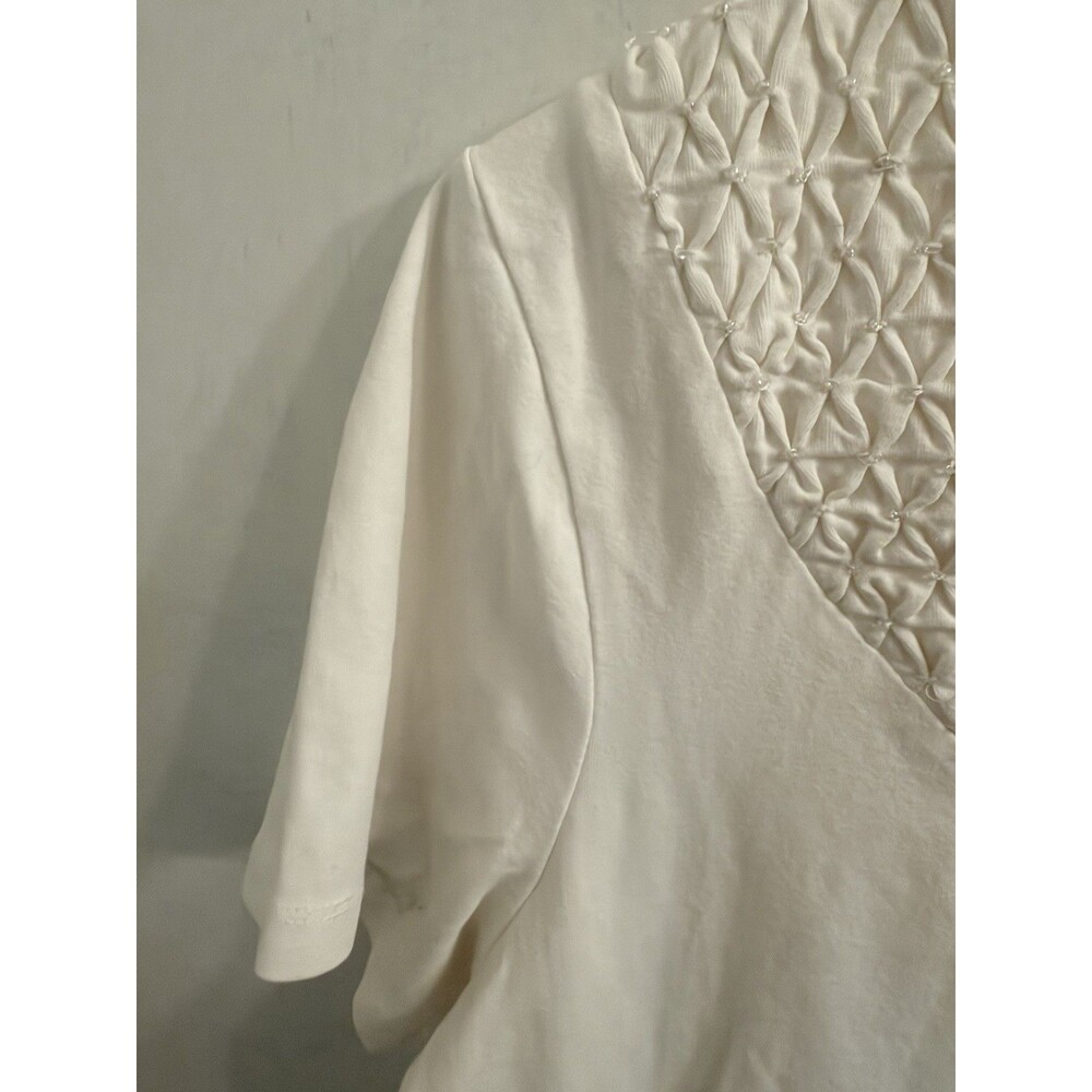 JM Collection Women's 1X White Knit Top Smocked Yoke Round Neck Stretch - Picture 3 of 6